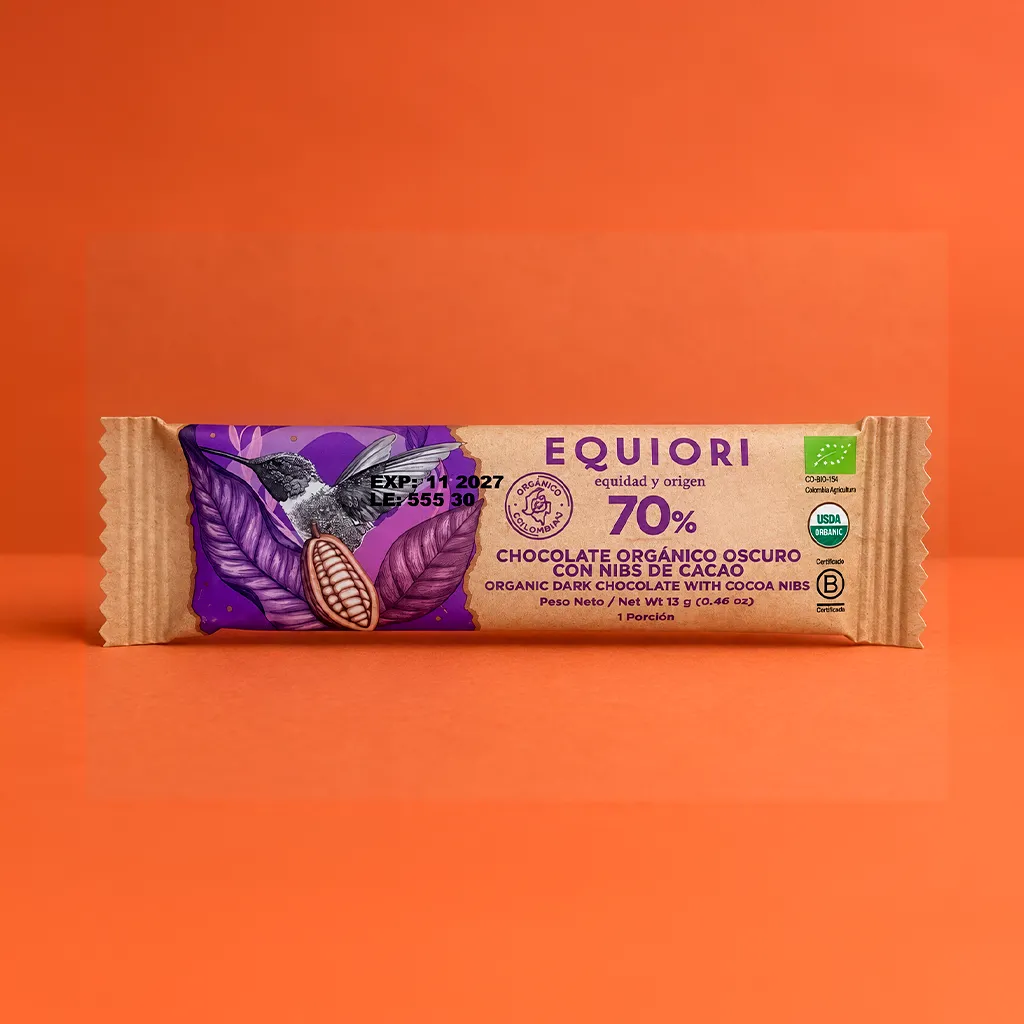 Chocolatina Equiori 70% con Nibs de Cacao – 13 g